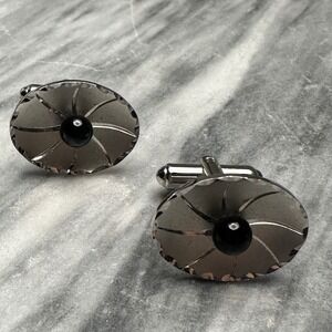 Forstner USA Sterling Silver Black Pearl Sunburst Oval Cufflinks Mens Vintage